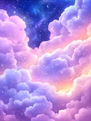 Wall Mural - A vibrant, colorful night sky with fluffy clouds and a sparkling galaxy