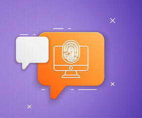 Poster - White Monitor with fingerprint icon isolated on purple background. ID app icon. Identification sign. Touch id. Orange speech bubble symbol. Vector