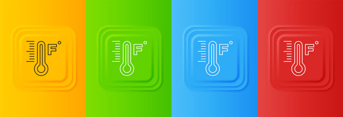 Poster - White Meteorology thermometer measuring heat and cold icon isolated on colorful background. Temperature Fahrenheit. Set icons in square buttons. Vector