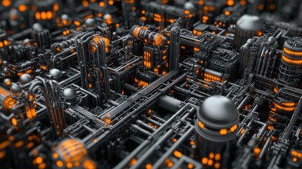 Poster - Complex industrial system abstract network with pipes and glowing elements