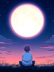 Wall Mural - Person sits in field, gazing at enormous full moon in a twilight sky