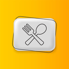 Poster - Black Crossed fork and spoon icon isolated on yellow background. Cooking utensil. Cutlery sign. Silver rectangle button. Vector