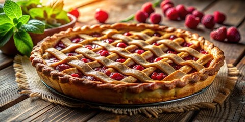 Poster - A freshly baked cherry pie with a golden crust and a lattice top, ready to be enjoyed