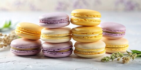 Poster - A delightful arrangement of colorful macarons with a delicate floral touch, showcasing the sweet art of French pastry