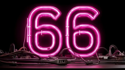 Poster - Glowing pink neon number sixty-six on futuristic tech background scene