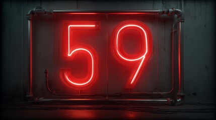 Poster - Glowing red neon number 59 sign on industrial wall creating abstract art