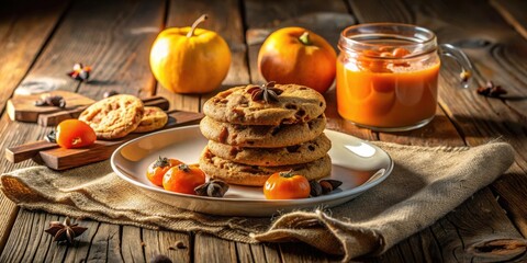 Poster - A stack of autumnal spiced cookies with a side of fruit and a jar of pumpkin butter on a rustic wooden table