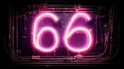 Poster - Neon number sixty-six glows against industrial backdrop creating a striking image