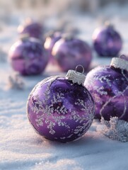 Poster - Purple Christmas Ornaments with Silver Glitter Snowflakes in Soft Light