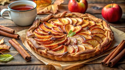 Poster - A warm apple tart baked to perfection, its golden crust glistening with a hint of sugar, resting on rustic wooden table with cinnamon sticks and autumn leaves scattered nearby.