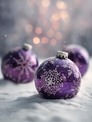 Poster - Purple Christmas ornaments with snowflake design sit in snow background