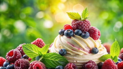 Poster - Creamy dessert with a swirl of berry sauce topped with fresh blueberries and raspberries, nestled in a bed of lush green mint leaves.