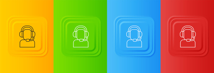 Poster - White Man with a headset icon isolated on colorful background. Support operator in touch. Concept for call center, client support service. Set icons in square buttons. Vector