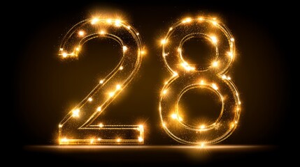 Poster - Sparkling golden number twenty-eight on a black background shimmering with light