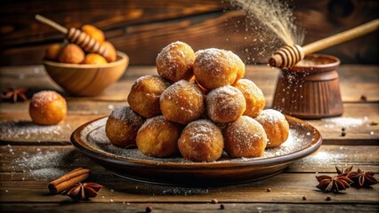 Poster - A delectable pyramid of golden-brown fried dough balls, dusted with powdered sugar and drizzled with honey, resting on a rustic wooden table with cinnamon sticks and star anise