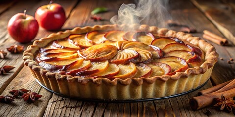 Poster - A freshly baked apple pie with a flaky crust and glistening fruit filling, steaming on a rustic wooden table, surrounded by cinnamon sticks and star anise