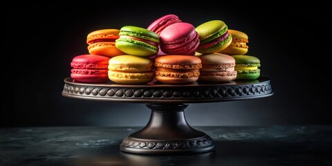 Poster - A delectable assortment of colorful macarons displayed on a black pedestal against a dark backdrop.