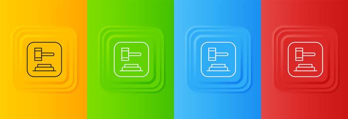 Aufkleber - White Judge gavel icon isolated on colorful background. Gavel for adjudication of sentences and bills, court, justice. Auction hammer. Set icons in square buttons. Vector