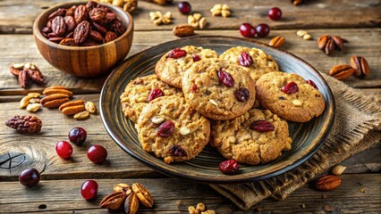 Poster - A plate of cranberry and pecan cookies on a rustic wooden table with scattered nuts and cranberries