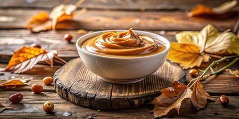 Aufkleber - A Bowl of Smooth, Rich Caramel Sauce Decorated with Autumnal Leaves on a Rustic Wooden Table