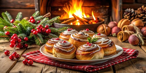 Poster - Sweet Cinnamon Rolls Decorated with Cranberries Served on a Festive Table Setting with a Cozy Fireplace in the Background