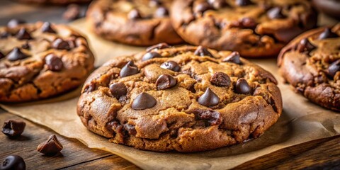 Aufkleber - Closeup of a freshly baked chocolate chip cookie with a soft and chewy texture, sitting on parchment paper over a rustic wooden surface.