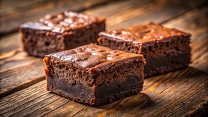 Aufkleber - Three decadent brownies arranged on a rustic wooden surface, their fudgy interiors visible, promising a rich and satisfying treat.