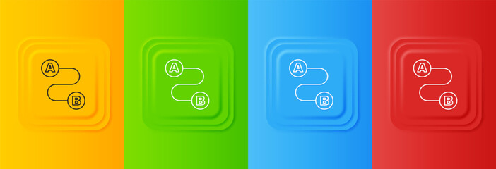 Poster - White Route location icon isolated on colorful background. Map pointer sign. Concept of path or road. GPS navigator. Set icons in square buttons. Vector