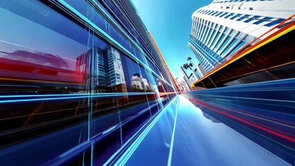 Poster - Abstract perspective of city buildings overlaid with digital lines representing urban data flow