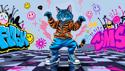 Poster - Cool Cat's Dance: A vibrant illustration of a stylish blue cat, rocking trendy attire and striking a dynamic pose against a backdrop of street art.