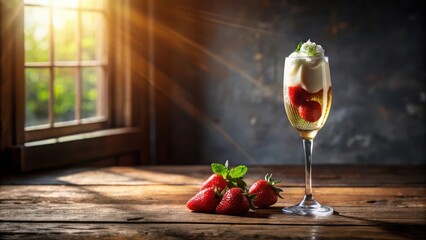 Poster - A Glass of Sparkling Wine with Strawberries and Whipped Cream, Sunlit Table, and a Window in the Background