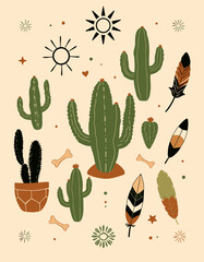 Fototapete - Bohemian Cactus Illustration: A charming illustration of diverse cacti, sun, feathers, and bone elements create a bohemian theme with natural elements and creative design.