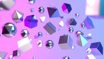 Poster - Abstract 3D Isometric Geometric Shapes Floating on a Gradient Pink and Blue Background Design Elements Visual Composition
