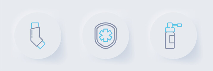 Poster - Set line Bottle with nozzle spray, Medical shield cross and Inhaler icon. Vector