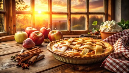 Poster - A warm apple pie sits on a wooden table in front of a window with a sunset view, surrounded by fresh apples, cinnamon sticks, star anise, and a checkered tablecloth.