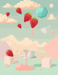 Poster - Strawberry Dreamscape: An imaginative digital illustration showcasing a surreal arrangement of strawberries, geometric shapes, and a teacup, all floating within a pastel-colored dreamscape.