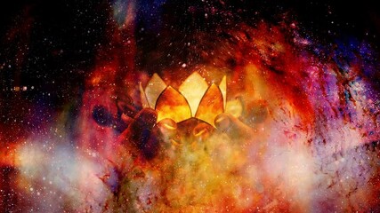 Leinwandbilder - lotus candle holder laying on woman hands on abstract structured space background. Loop Animation.