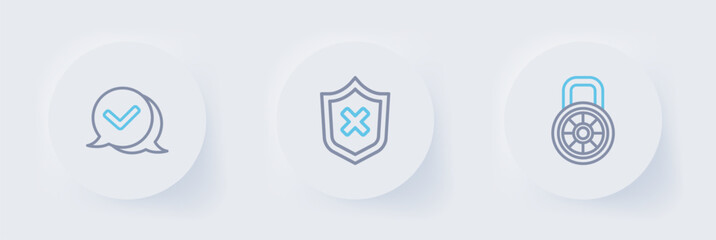 Poster - Set line Safe combination lock, Shield with cross mark and Check speech bubble icon. Vector