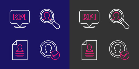 Poster - Set line Create account screen, Resume, Magnifying glass for search and Key performance indicator icon. Vector