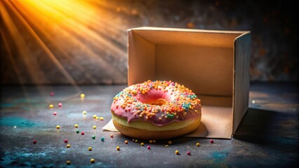 Aufkleber - A Single Pink Glazed Donut With Colorful Sprinkles Sitting Beside An Empty Box On A Dark Background With A Beam Of Light Coming From Above