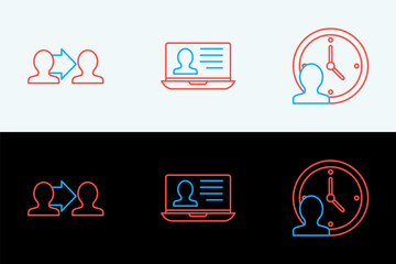 Poster - Set line Time Management, Project team base and Laptop with resume icon. Vector