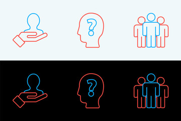 Poster - Set line Users group, Hand for search a people and Head with question mark icon. Vector