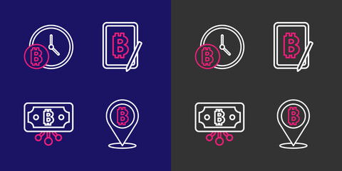 Poster - Set line Bitcoin, with circuit, Mining bitcoin from tablet and clock icon. Vector