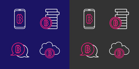 Poster - Set line Cryptocurrency cloud mining, Bitcoin, and Mining bitcoin from mobile icon. Vector