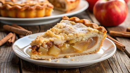 Poster - A slice of freshly baked apple pie with a crumb topping and dusted with powdered sugar, resting on a white plate beside cinnamon sticks on a rustic wooden table.