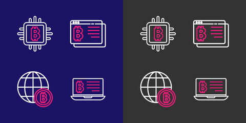 Poster - Set line Mining bitcoin from laptop, Globe Bitcoin, browser and CPU mining farm icon. Vector