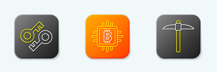 Poster - Set line Cryptocurrency key, CPU mining farm and Pickaxe icon. Vector