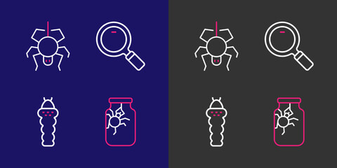 Poster - set line spider in jar, larva insect, magnifying glass and icon. vector
