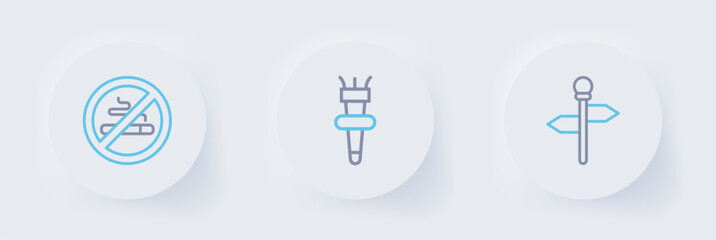 Poster - Set line Road traffic signpost, Torch flame and No Smoking icon. Vector