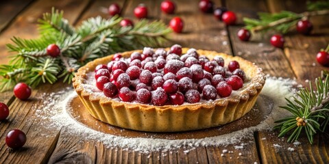 Poster - A rustic tart filled with red berries and dusted with powdered sugar, surrounded by evergreen branches and scattered berries on a wooden background.